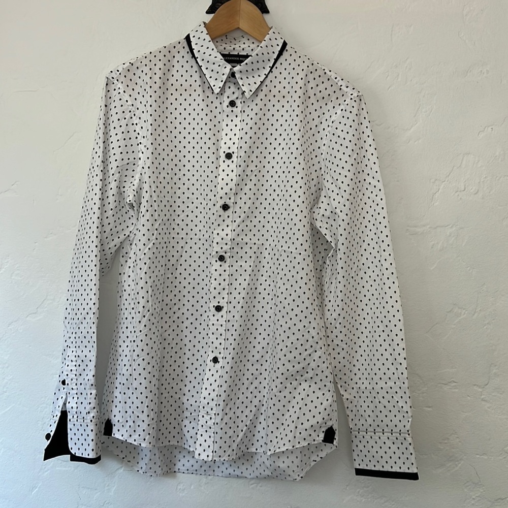 Alexander McQueen White Long Sleeve Skull Polka Dot Button-Up with Black Trim